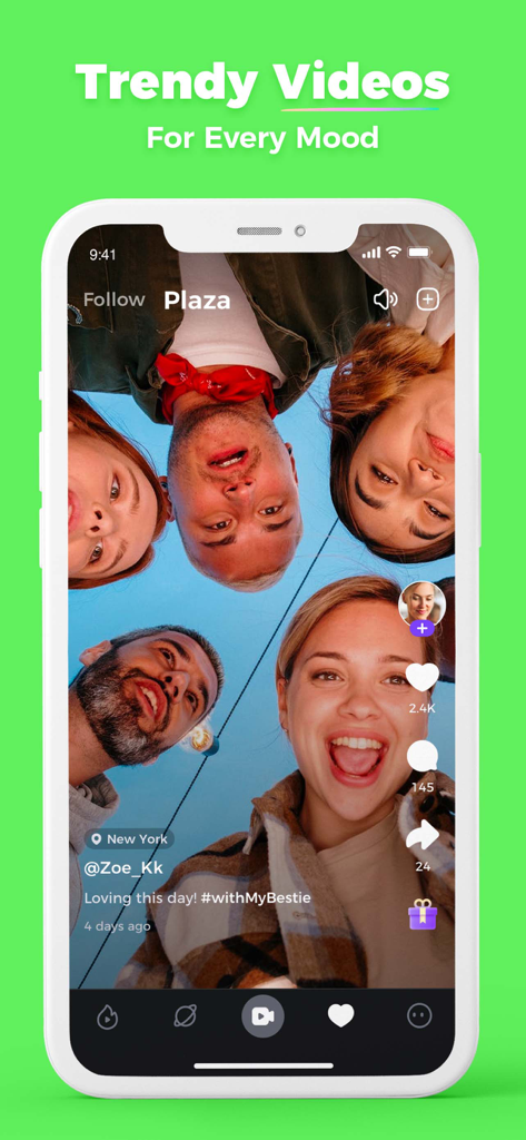 Uplive-Live Stream, Go Live - Smartphone screen displaying Uplive's Plaza feed with a trendy video of friends