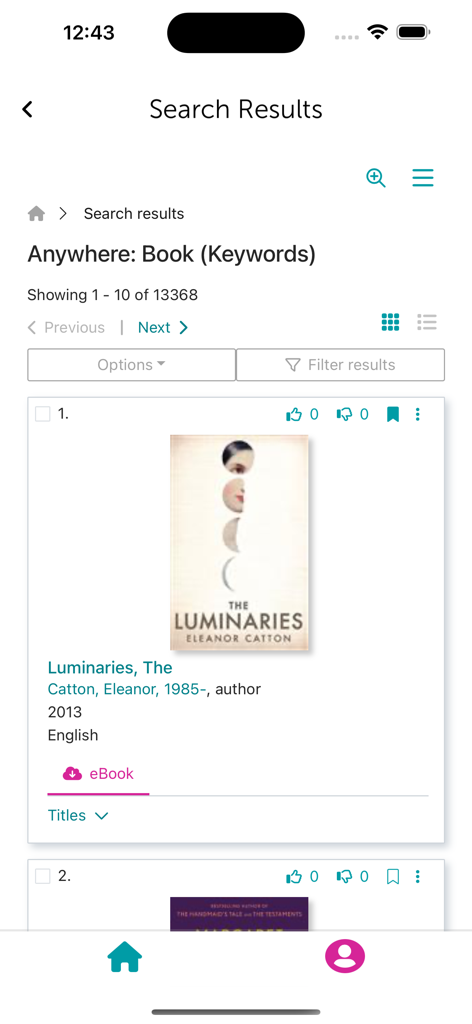 Spydus Library - Spydus Library 앱 검색 결과 화면, Eleanor Catton의 전자책 The Luminaries 목록 표시.