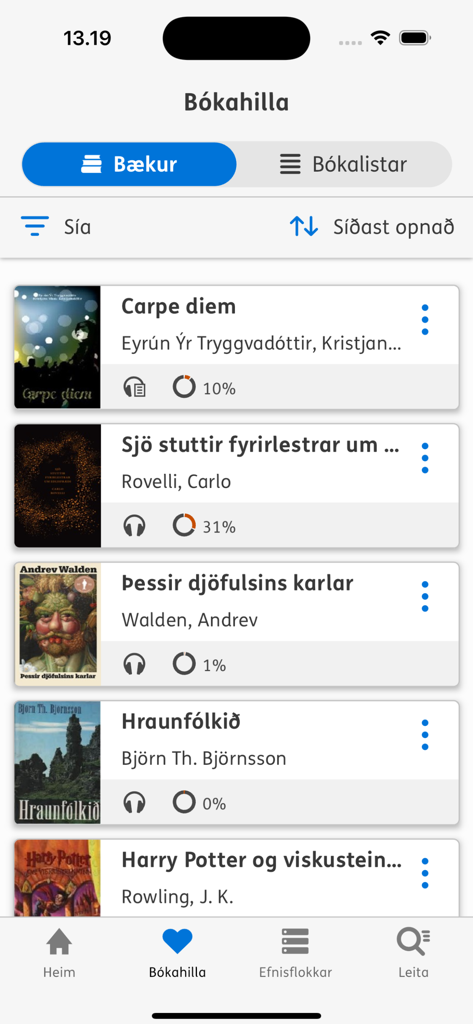 Hljóðbókasafn Íslands - A list of Icelandic audiobooks displayed on the bookshelf screen of the Hljodbokasafn Islands app with progress indicators.