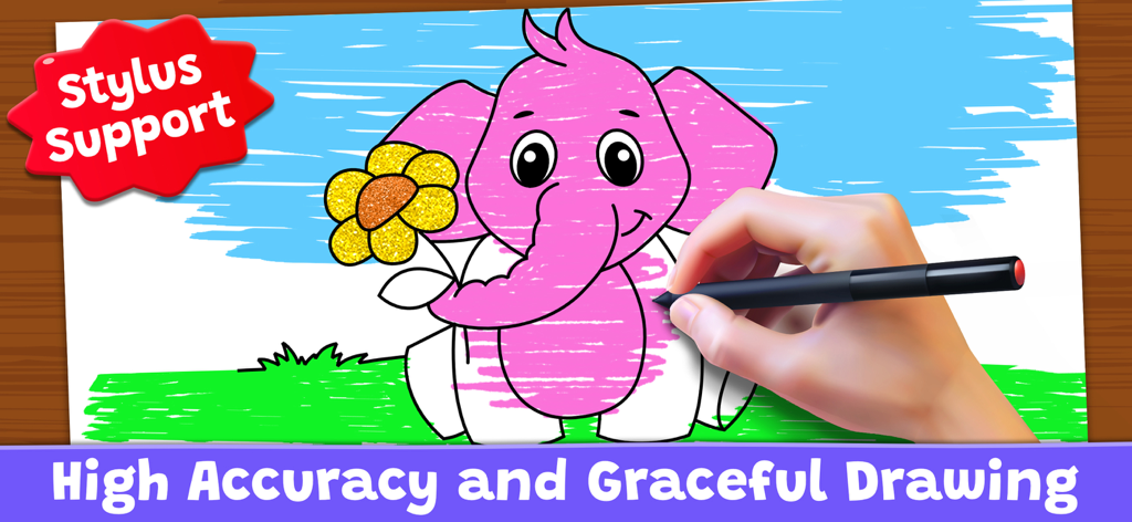 Coloring Games: Painting, Glow - A hand using a stylus to color a pink elephant in a digital coloring book app