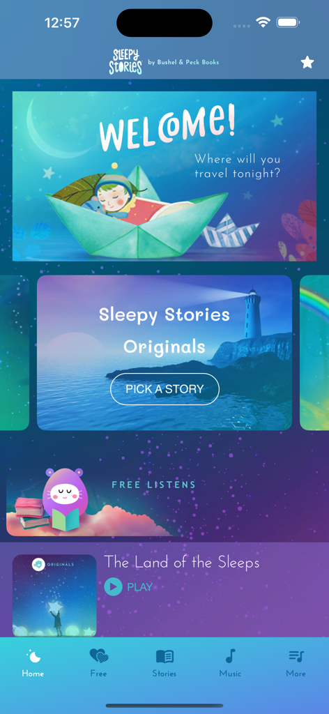 Sleepy Stories - Pantalla de inicio de la aplicación Sleepy Stories con categorías de cuentos para dormir y una ilustración caprichosa de un niño durmiendo.