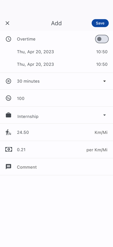 Mobile screen for adding a new work entry with fields for hours, breaks, job category, and travel compensation