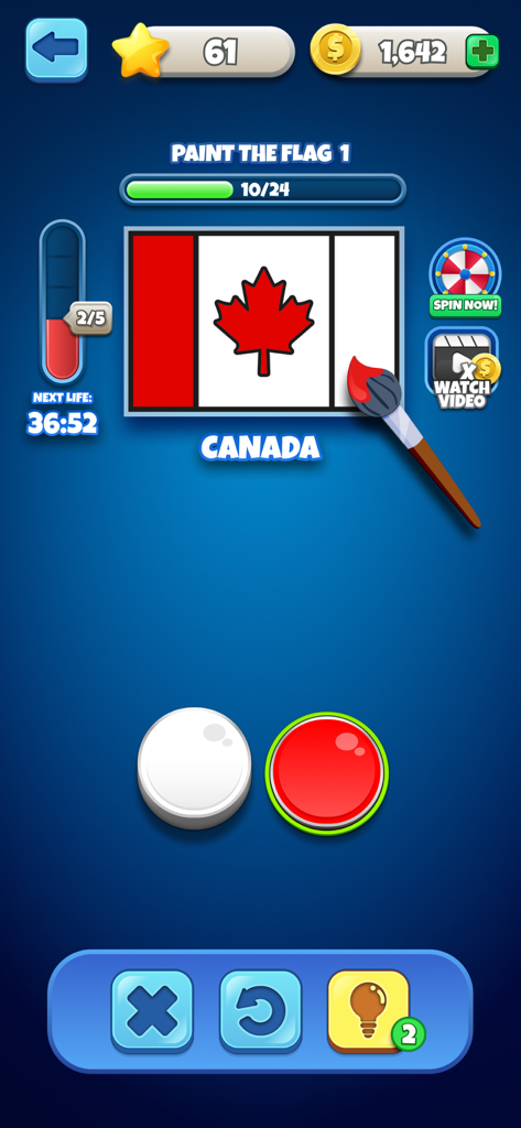 Flag Quiz - Guess All Flags - Capture d'écran du gameplay de Quiz des Drapeaux montrant un utilisateur peignant le drapeau canadien dans un mini-jeu