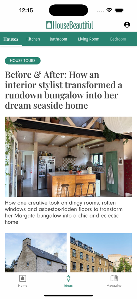House Beautiful UK app showing a house tour article of a renovated bungalow kitchen and exterior views