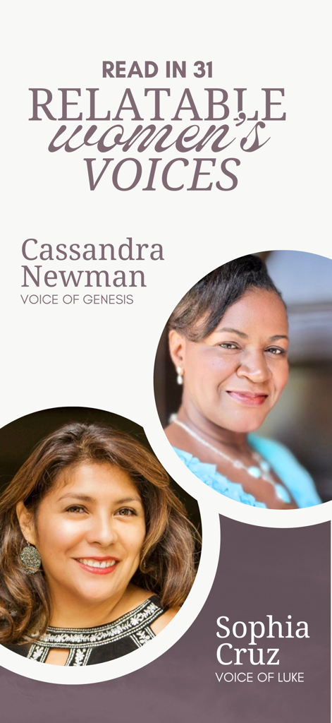 her.BIBLE Women's Audio Bible - Two women narrators for the her.BIBLE app representing diverse voices for Genesis and Luke.