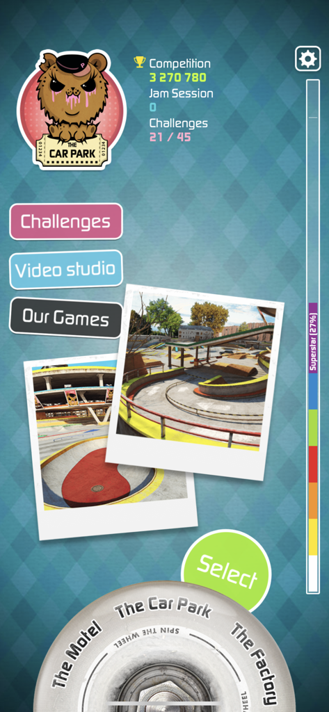 Touchgrind Skate 2 - Main menu of Touchgrind Skate 2 showing level selection for The Car Park and game statistics