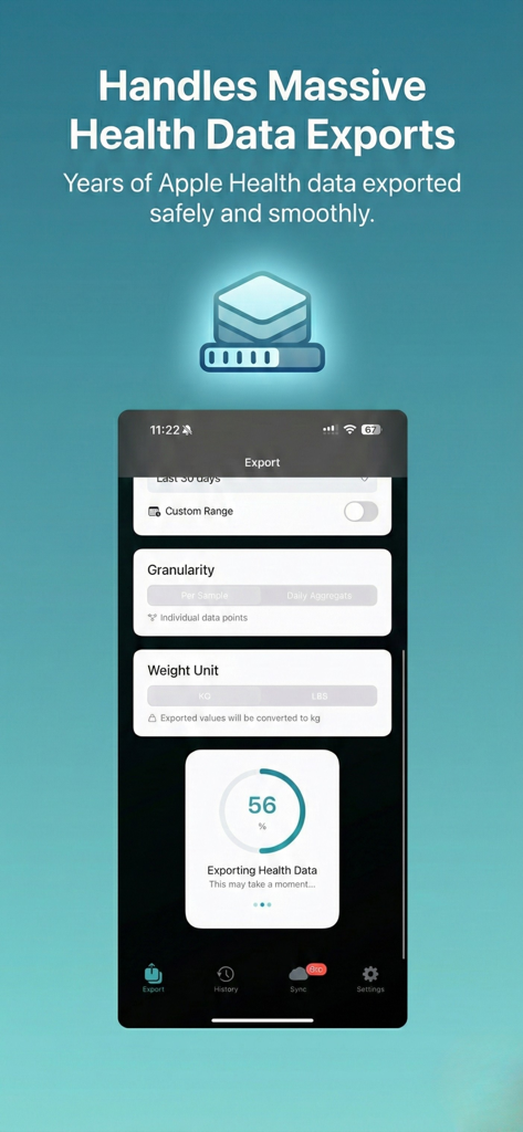 Health Data Export AI Analyzer - Interface showing the progress of exporting years of Apple Health data with options for granularity and weight units