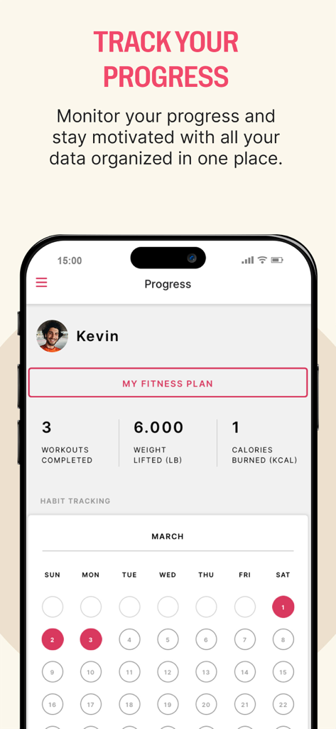 Trainiac by Wellhub - Interface do aplicativo Trainiac mostrando estatísticas de progresso fitness e calendário de rastreamento de hábitos