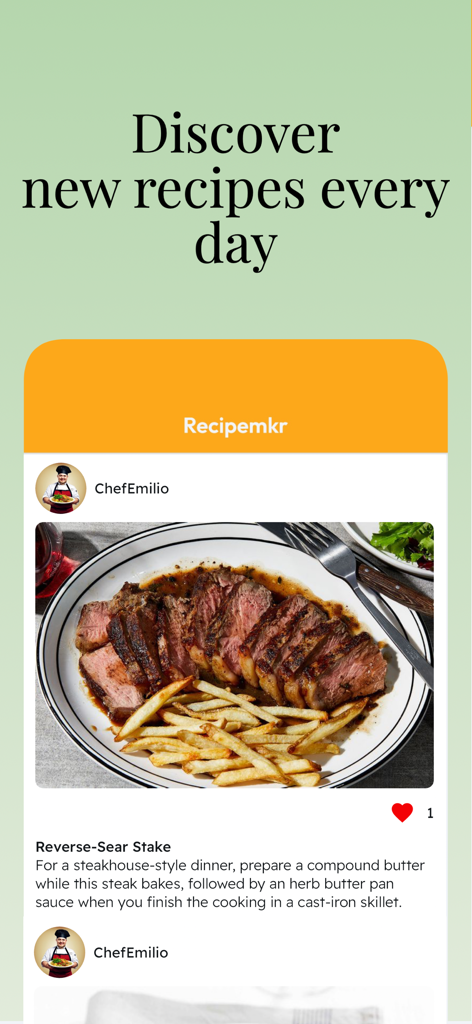 Interfaz de la aplicación Recipe Maker mostrando una receta de bistec con sellado inverso compartida por un usuario