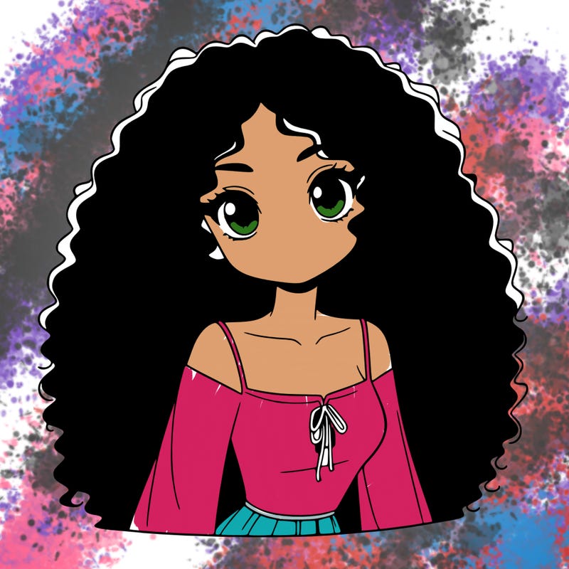 a black anime girl with long afro hair