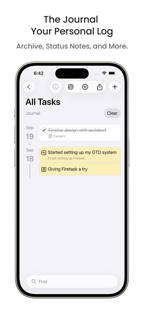 Capture d'écran de l'application Firetask 5 montrant la fonctionnalité journal avec un journal personnel des tâches et des notes de statut sur iPhone