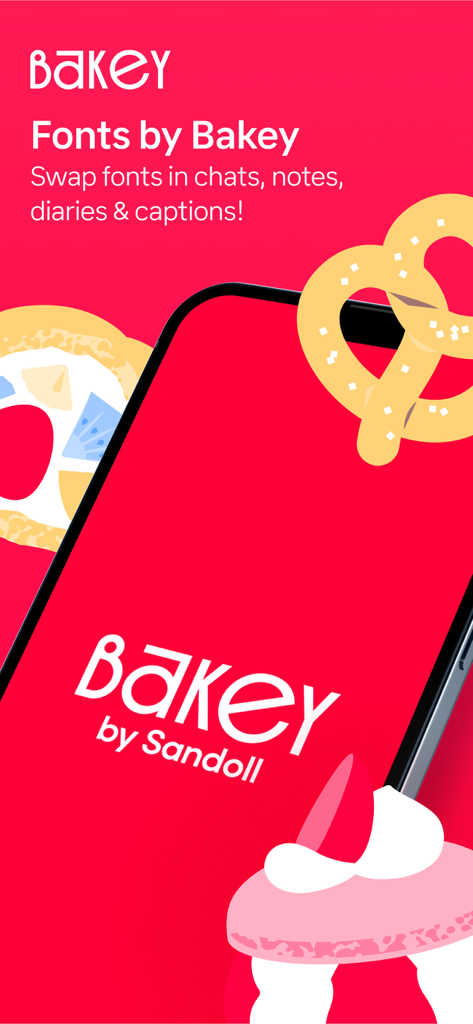 Bakey-Schriftartenmarkt-App-Promo-Bildschirm mit stilisierten Bäckerei-Illustrationen und Typografie-Optionen für mobile Apps
