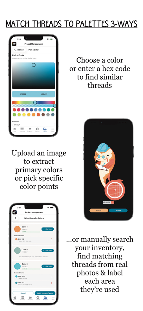 Threadster - Capturas de pantalla de la aplicación Threadster que demuestran la coincidencia de hilos con paletas a través de códigos hexadecimales, selección de color de imagen y búsquedas de inventario.