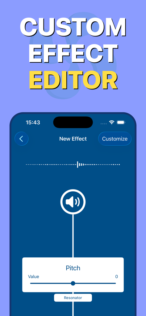 Voice Changer — Sound Effects - Interfaz de usuario del editor de efectos de voz personalizados con un control deslizante de ajuste de tono y una forma de onda de audio.