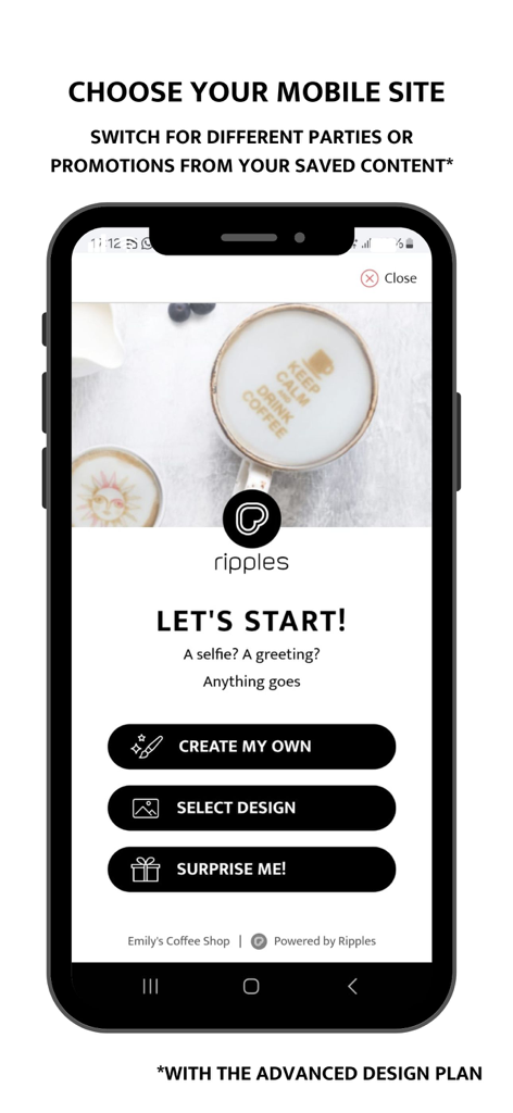 Ripples -Drink Personalization - Mobile site interface in the Ripples app for customer drink personalization.