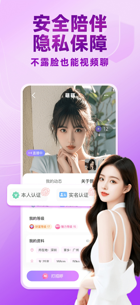 Miyi app interface showing a verified female user profile with identity authentication and personal details
