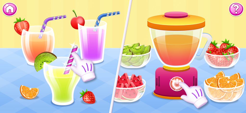 Kids Cooking Game 2+ year olds - In-game screen of a kids cooking app featuring smoothie preparation with a blender and fresh fruit