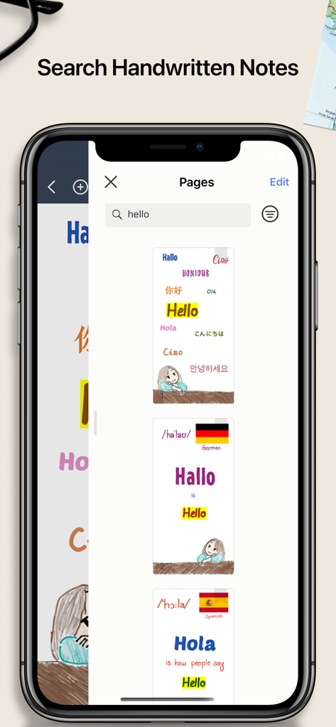 Noteshelf 2 app interface demonstrating the ability to search for specific words within handwritten notes
