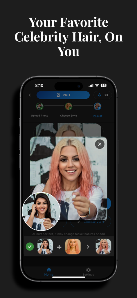 HairLook - Hairstyle Try On - Transformação com IA de uma usuária experimentando um penteado rosa de celebridade