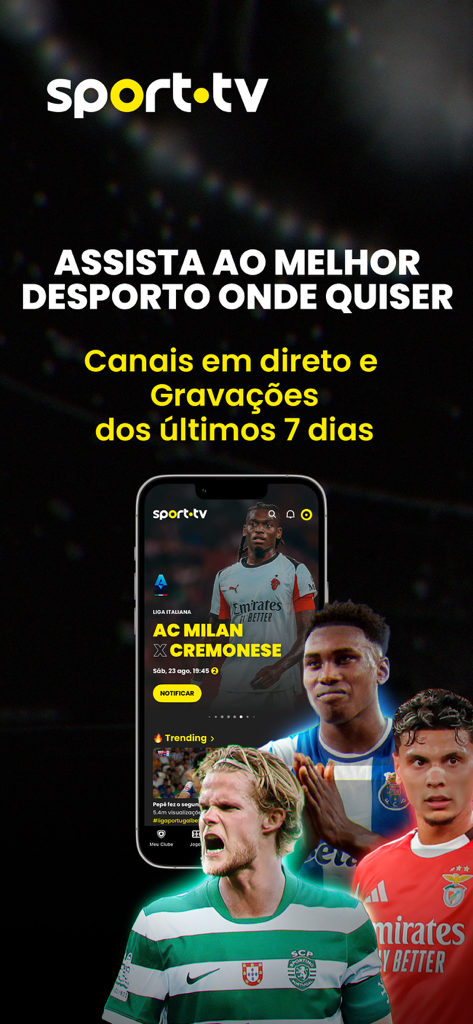 sport tv - sport tv app-Oberfläche zeigt Live-Fußballspiel und portugiesische Vereinsspieler