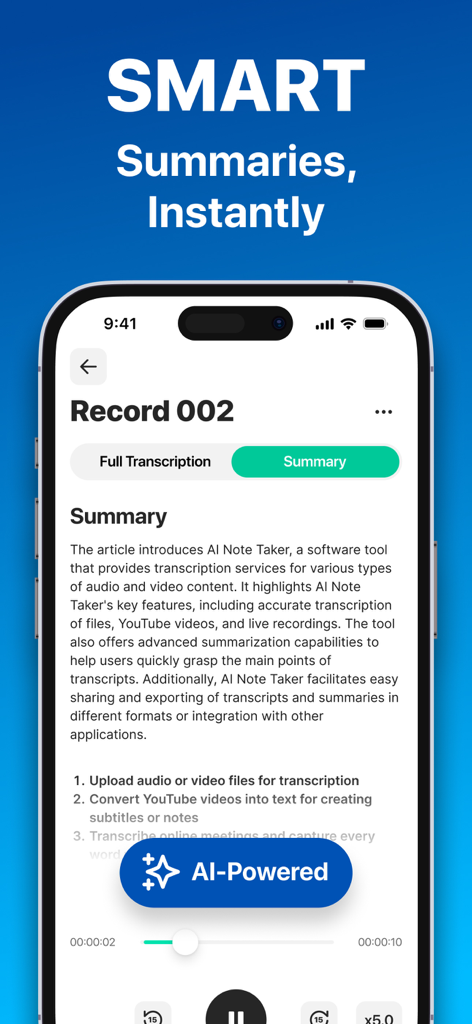 Interfaz de la aplicación AI Voice Note Taker mostrando un resumen automatizado de una grabación de voz