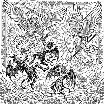 Dive into a world of divine conflict with this captivating coloring page featuring powerful angels defending against demonic forces. Experience the thrill of bringing this ancient struggle between good and evil to vibrant life with your favorite hues.