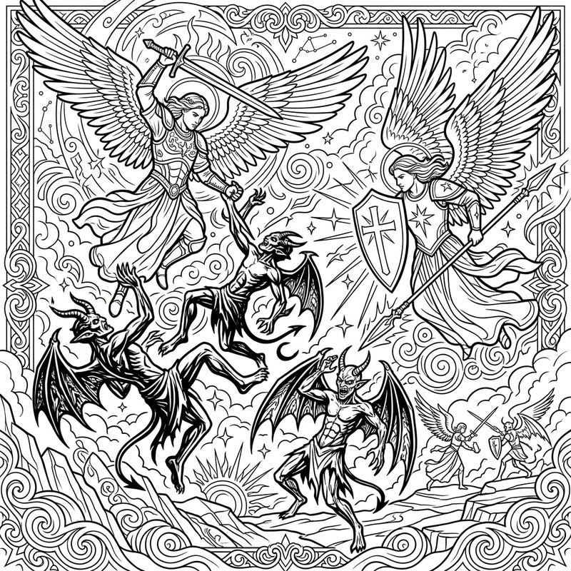 Dive into a world of divine conflict with this captivating coloring page featuring powerful angels defending against demonic forces. Experience the thrill of bringing this ancient struggle between good and evil to vibrant life with your favorite hues.