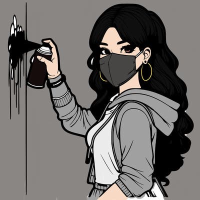 realistic girl with mask spray painting a wall
