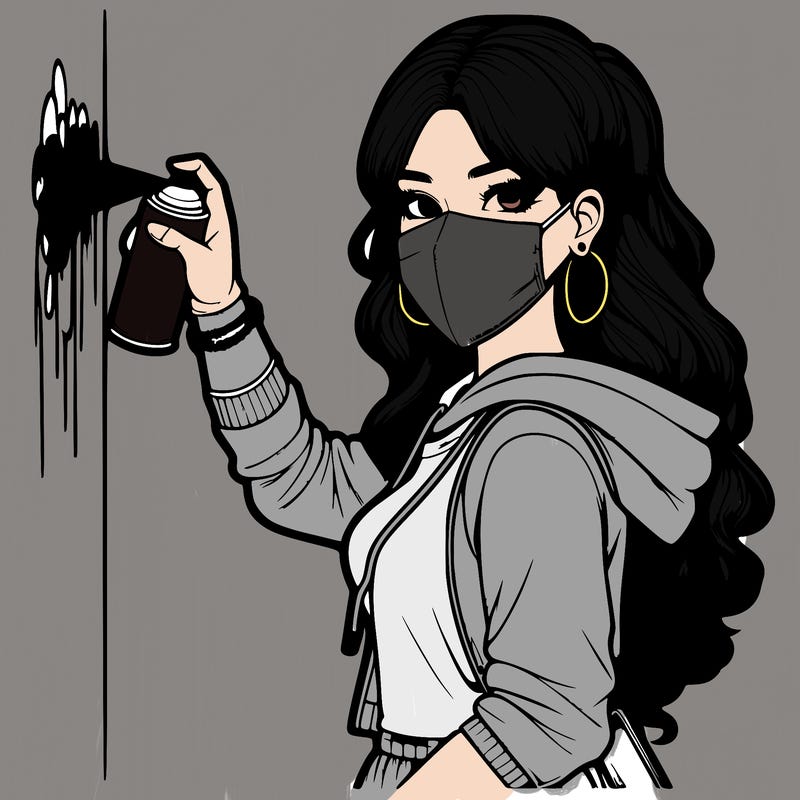 realistic girl with mask spray painting a wall