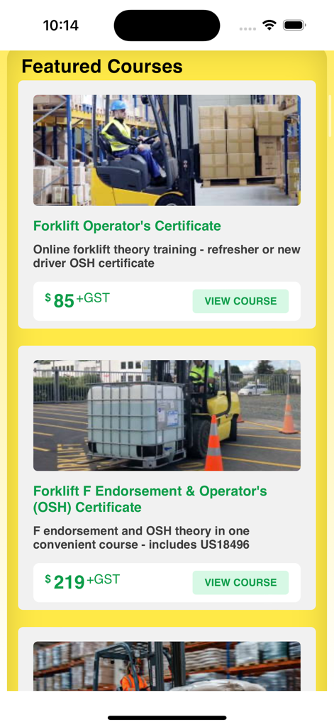 A list of featured forklift certification courses within the DT Driving Tests app