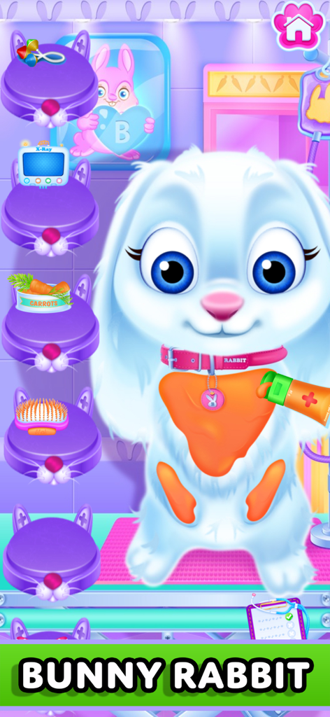 Baby Pet Puppy: Vet Makeover - A white cartoon bunny rabbit receiving medical care in a pet vet simulation game