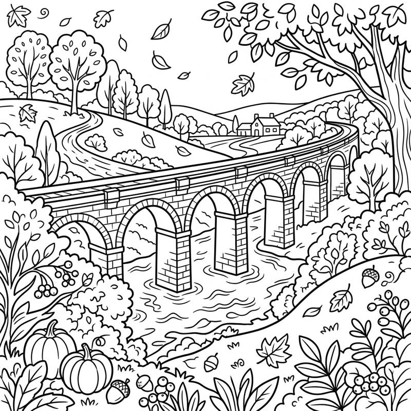 Dive into the beauty of fall with this delightful coloring page featuring a grand viaduct crossing a scenic river. Kids will love bringing this picturesque autumn landscape to life with their favorite colors and seasonal elements.