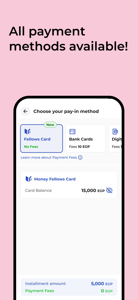 Money Fellows app screen showing payment method selection with options for Fellows Card and bank cards