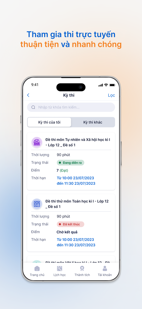 vnEdu LMS - A mobile screen showing the online exams list in the vnEdu LMS app with exam titles, durations, and statuses