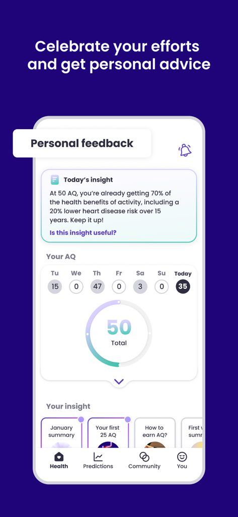 MIA Health - MIA Health app dashboard displaying personal feedback and daily Activity Quotient score