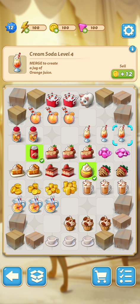 Merge Mansion gameplay showing a puzzle board with food and drink items to merge