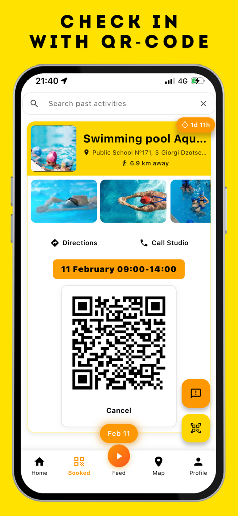 SmartClass App - SmartClass App interface showing a QR code for checking into a booked swimming pool session.