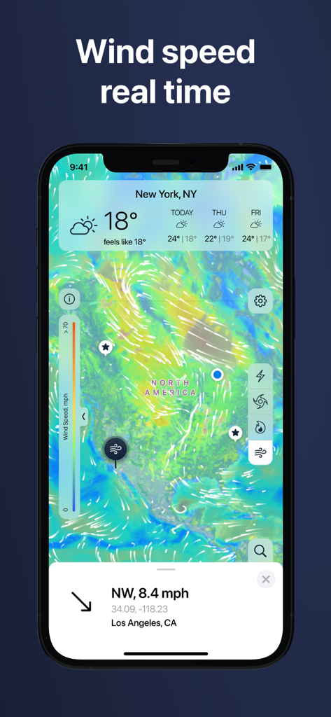 Windy Weather Radar, Forecast - Mapa de velocidad del viento en tiempo real de América del Norte que muestra patrones de viento y datos meteorológicos locales