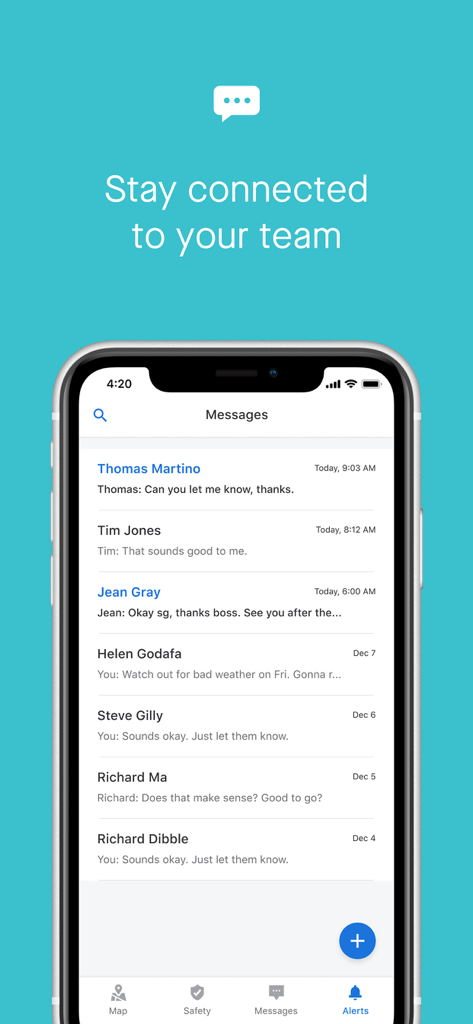 Samsara Fleet app screenshot showing the messages list for team communication