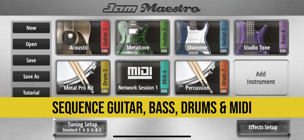 Jam Maestro app interface for sequencing guitar, bass, drums, and MIDI instruments.