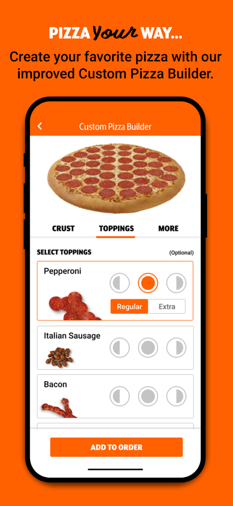 Little Caesars Pizza - Little Caesars mobile app custom pizza builder screen with topping options