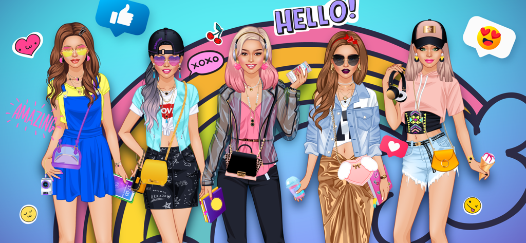 College Girl Team Makeover - Cinq filles de collège élégamment habillées représentant une escouade de mode diversifiée avec des accessoires colorés et un fond arc-en-ciel