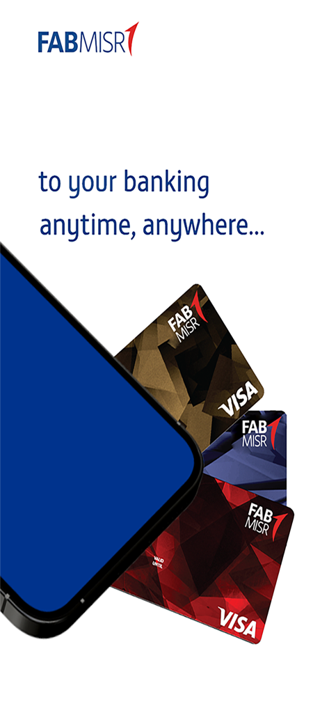 FABMISR Mobile - FABMISR Mobile app display with branded Visa credit cards and anytime banking message