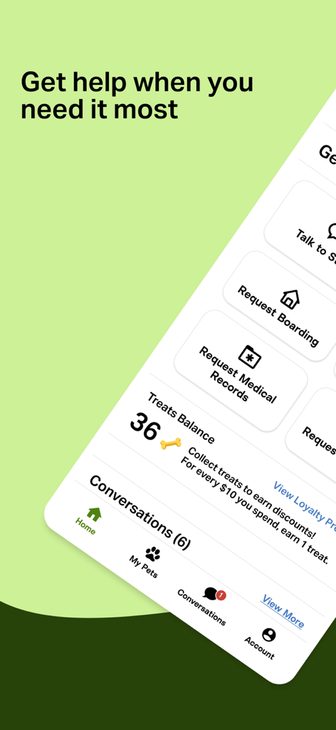 Otto pet app dashboard showing options to request medical records and view loyalty program treats balance