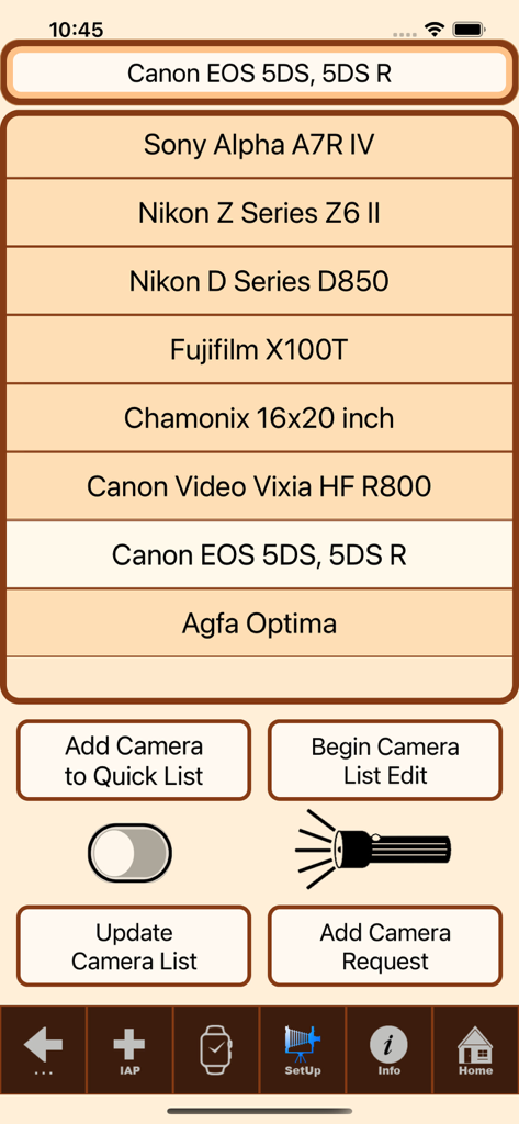 Camera model selection screen in SetMyCameraDF showing various DSLR and mirrorless options