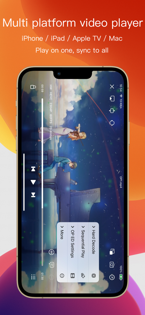 SenPlayer - Media Player - SenPlayerアプリのiPhoneインターフェイス。マルチプラットフォーム同期と高度なメディア再生機能を強調表示しています。