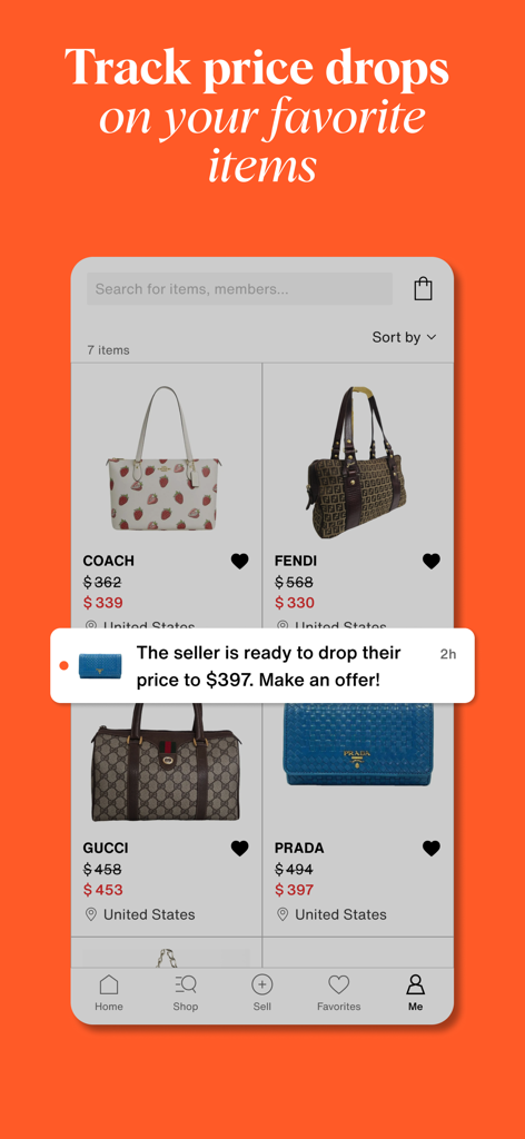 Vestiaire Collective mobile app interface displaying price drops on designer bags and a seller price reduction notification.
