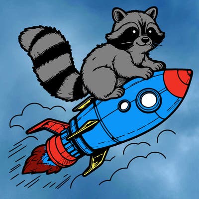 realistic raccoon flying on top rocket ship