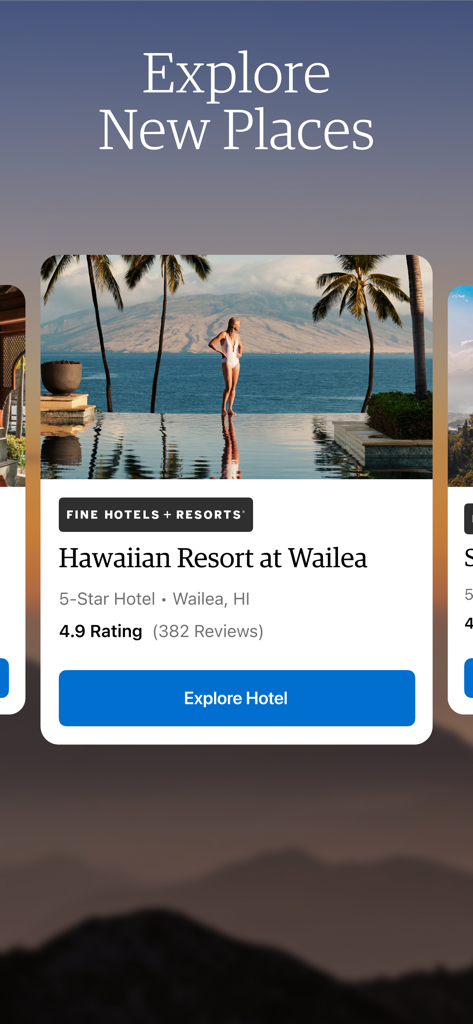 Interface do aplicativo Amex Travel exibindo um resort de luxo havaiano na seção Explore Novos Lugares.