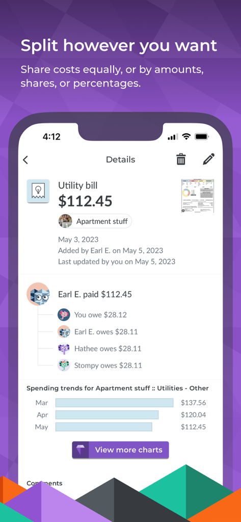 Splitwise - Splitwise app interface showing a detailed utility bill breakdown among roommates with monthly spending trends.
